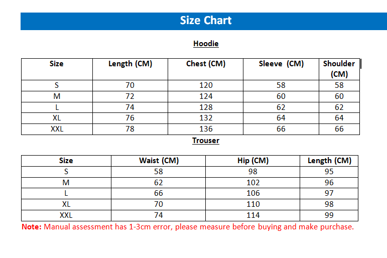 tracksuit size chart